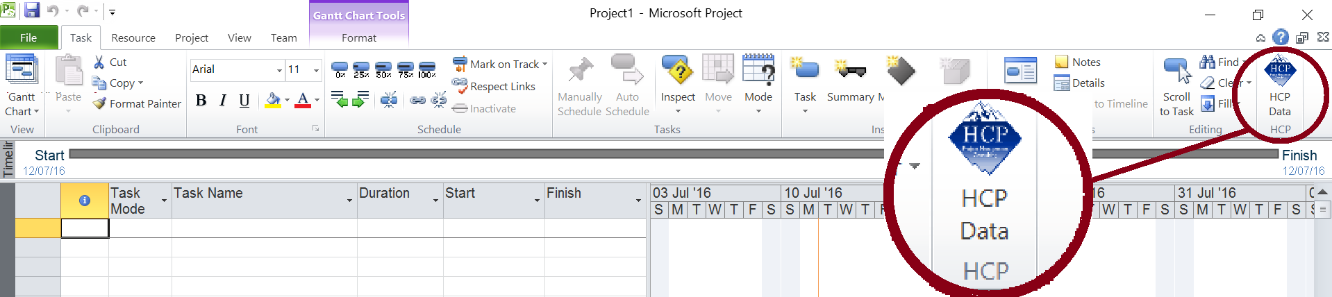 סיום הוספת צלמית HCP ל- Microsoft Project